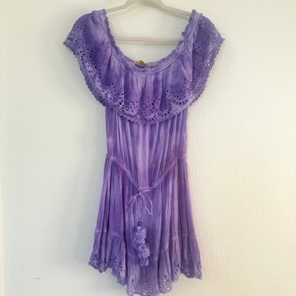 RAMY BROOK Off Shoulder Boho Eyelet Mini Dress Purple Peasant Festival Medium - Picture 3 of 9
